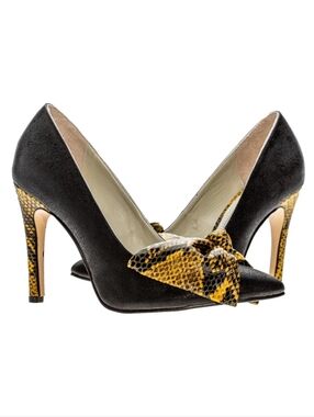 Anabella Rossy Sanchez Black and Yellow Snake-Print Bow Pointed Toe Heels 8.5